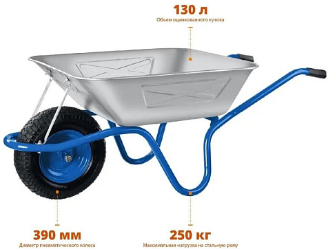 Тачка строительная 1-колесная ЗУБР ПТ-250, пневмоколесо, 130л, 250кг купить в СОМ