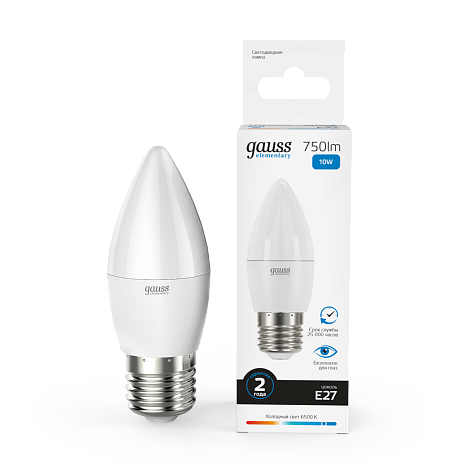 Лампа светодиодная Gauss Elementary, 10Вт, E27, 6500K, 750lm, свеча купить в СОМ